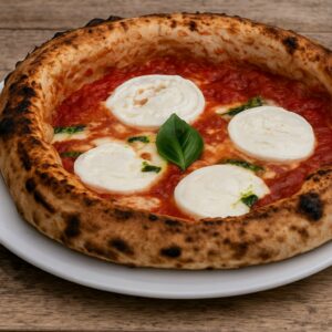 Gros plan sur la pizza Margherita di Bufala avec mozzarella de bufflonne fondante, sauce tomate artisanale et basilic, cuite à 500°C chez 500 Degrés Pizza à Marseille