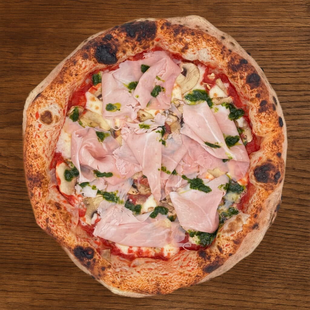 Pizza Prosciutto artisanale avec jambon cuit, champignons et mozzarella – 500° Pizza Marseille