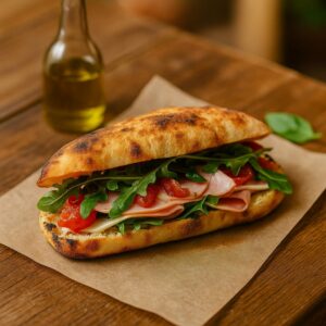 Panuozzo italien avec mortadelle, roquette, tomates confites et bufala