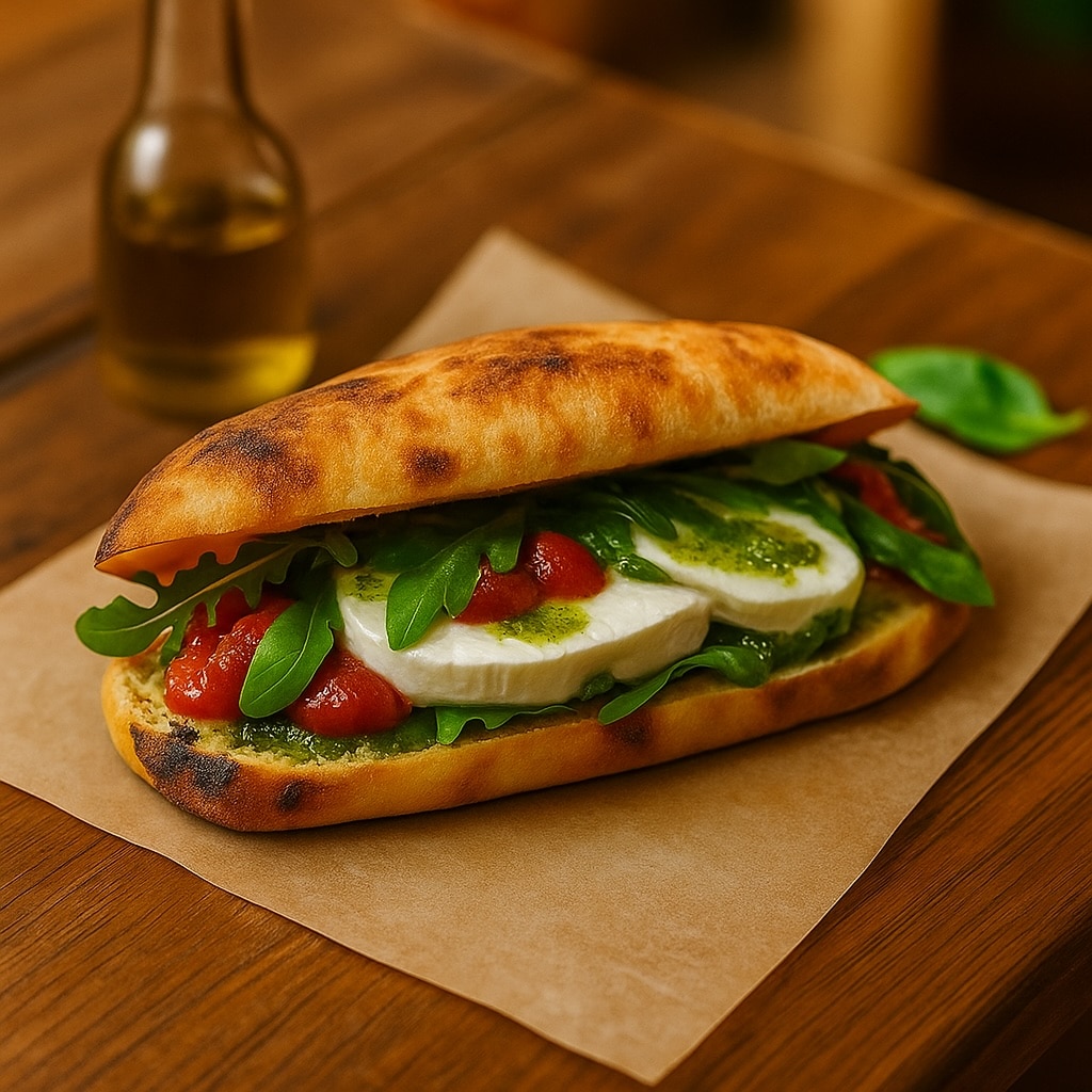 Panuozzo végétarien garni de roquette, tomates confites et mozzarella di bufala – 500 degrés Marseille