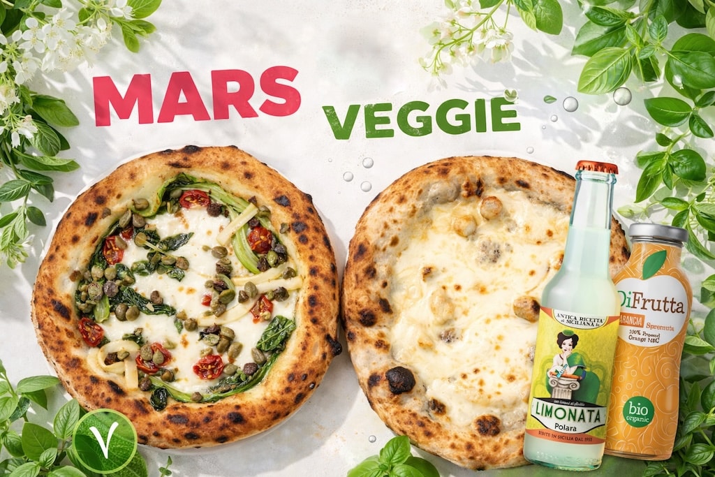 Visuel promo Mars Veggie 500 Degrés Marseille : pizzas végétariennes et 1 soft offert