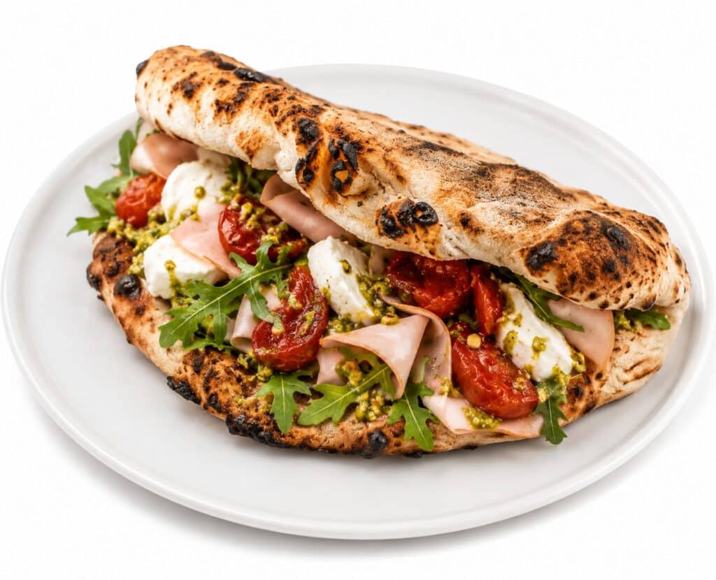 Double Crunch de 500 Degrés Pizza Marseille avec roquette, mortadelle, tomates confites, mozzarella di bufala et pesto de pistache