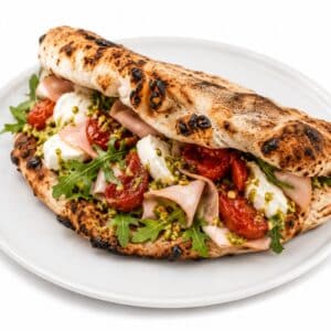 Double Crunch de 500 Degrés Pizza Marseille avec roquette, mortadelle, tomates confites, mozzarella di bufala et pesto de pistache