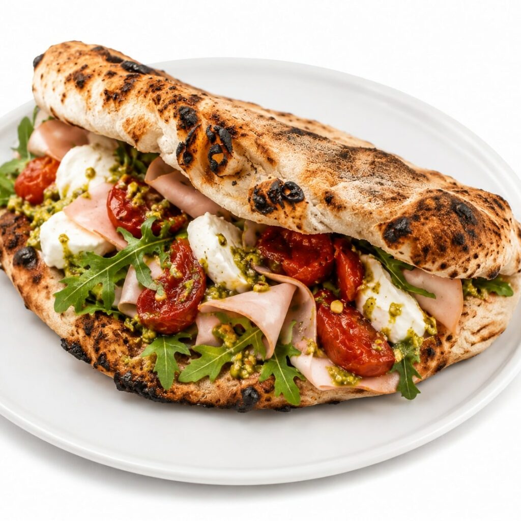 Double Crunch de 500 Degrés Pizza Marseille avec roquette, mortadelle, tomates confites, mozzarella di bufala et pesto de pistache