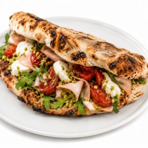 Double Crunch de 500 Degrés Pizza Marseille avec roquette, mortadelle, tomates confites, mozzarella di bufala et pesto de pistache