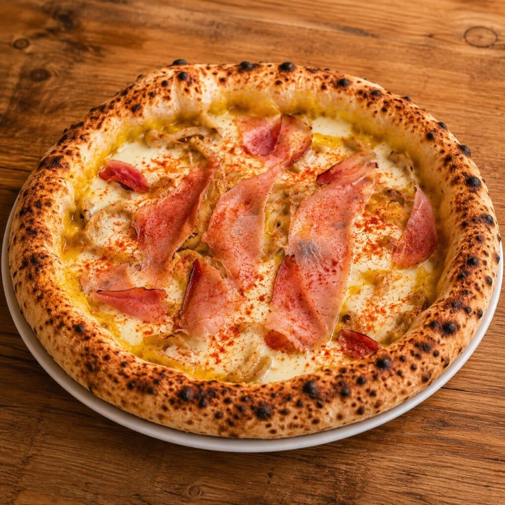 Pizza Mycotopizz cuite au four à 500 degrés, base tomate jaune, fleur de lait, pleurotes jaunes de Marseille, parmesan, speck et paprika – 500 Degrés Pizza, Marseille