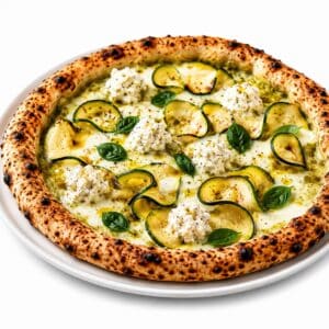 Pizza Full Courgette de 500 Degrés à Marseille avec crème de courgette, fleur de lait, courgette marinée, ricotta, menthe et citron
