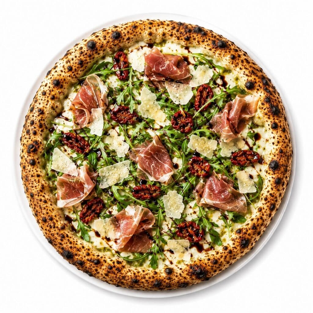 Pizza Primavera de 500 Degrés à Marseille avec mozzarella fleur de lait, roquette, tomates confites, jambon cru San Daniele, parmesan et crème de balsamique