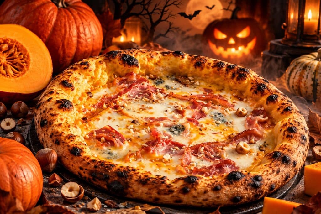 Pizza Zucca de 500 Degrés à Marseille, garnie de crème de potimarron maison, mozzarella, gorgonzola, pancetta et noisettes concassées.