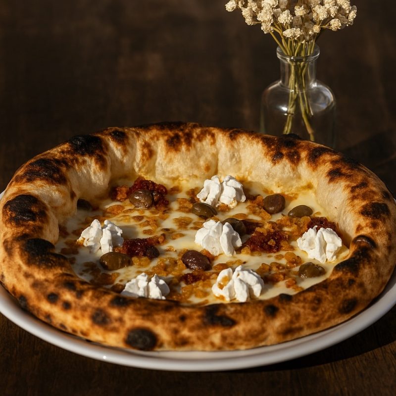 Gros plan sur une pizza napolitaine garnie de mozzarella fondante, crème de N’duja, olives, oignons frits croustillants et rosettes de fromage de chèvre aux herbes, servie chez 500 Degrés aux Grandes Halles du Vieux-Port à Marseille.
