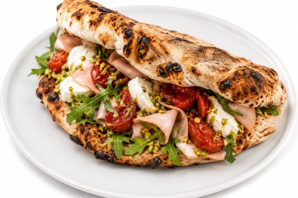 Double Crunch de 500 Degrés Pizza Marseille avec roquette, mortadelle, tomates confites, mozzarella di bufala et pesto de pistache