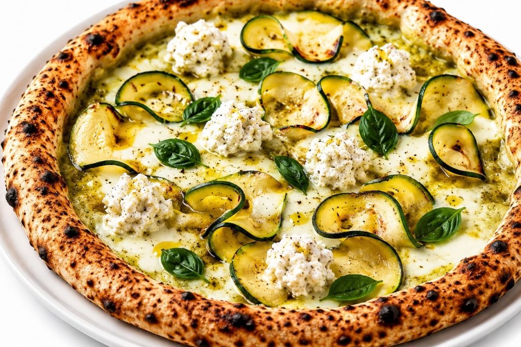 Pizza Full Courgette de 500 Degrés à Marseille avec crème de courgette, fleur de lait, courgette marinée, ricotta, menthe et citron