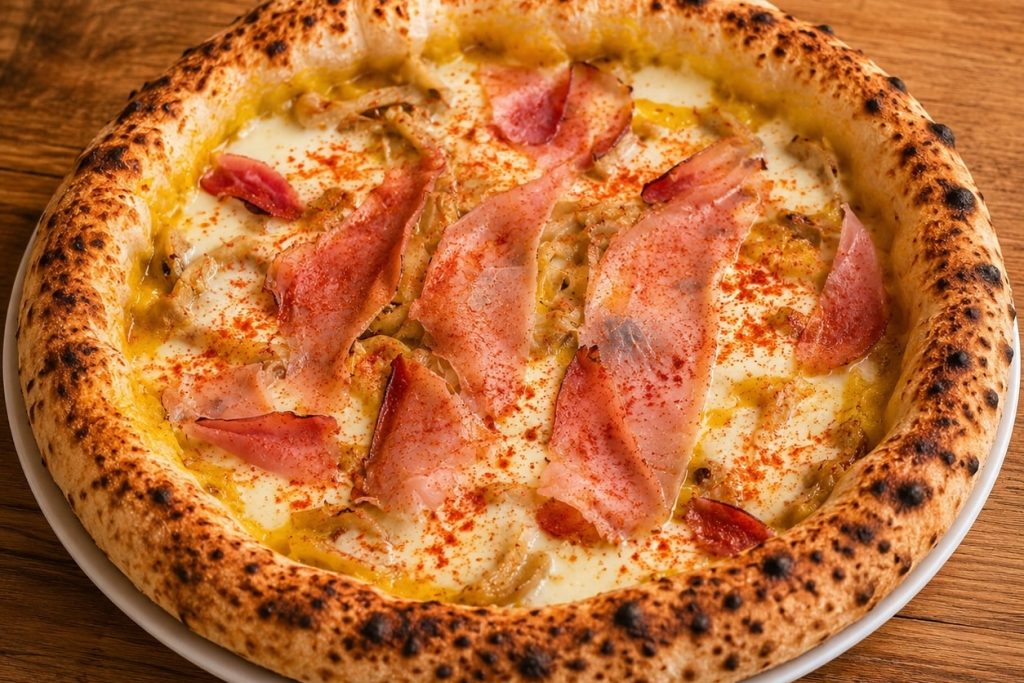 Pizza Mycotopizz cuite au four à 500 degrés, base tomate jaune, fleur de lait, pleurotes jaunes de Marseille, parmesan, speck et paprika – 500 Degrés Pizza, Marseille