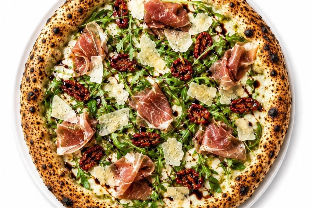 Pizza Primavera de 500 Degrés à Marseille avec mozzarella fleur de lait, roquette, tomates confites, jambon cru San Daniele, parmesan et crème de balsamique